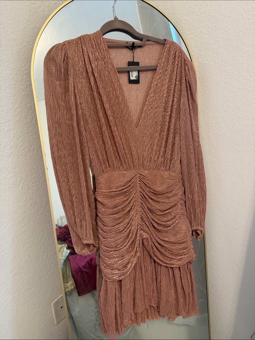 Maje Rust Shimmer Ruched V-Neck Women's Dress